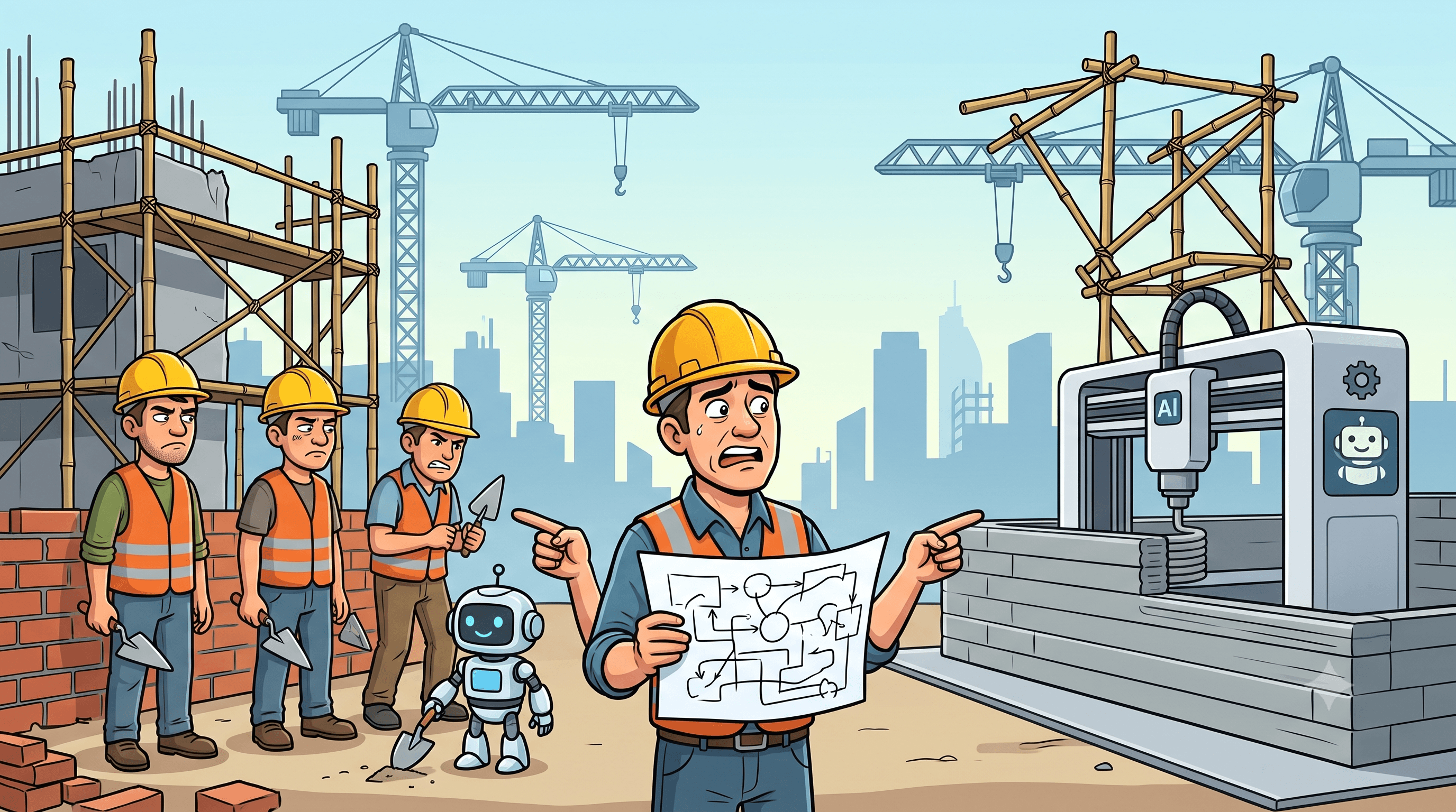 Minh họa hoạt hình một công trường xây dựng: ba công nhân đeo mũ bảo hộ vàng và áo phản quang đứng cầm bay xây, vẻ mặt cau có, cùng một robot nhỏ màu trắng cầm bay đứng cạnh họ. Ở giữa, một người đội mũ bảo hộ mặc áo phản quang cầm bản vẽ sơ đồ quy trình, vẻ mặt lo lắng, hai tay chỉ về hai phía — bên trái là nhóm công nhân, bên phải là một cỗ máy in 3D lớn có chữ 'AI' đang xếp các khối bê tông. Phía sau là các cần cẩu tháp và khung nhà giàn tre, nền là đường chân trời thành phố.