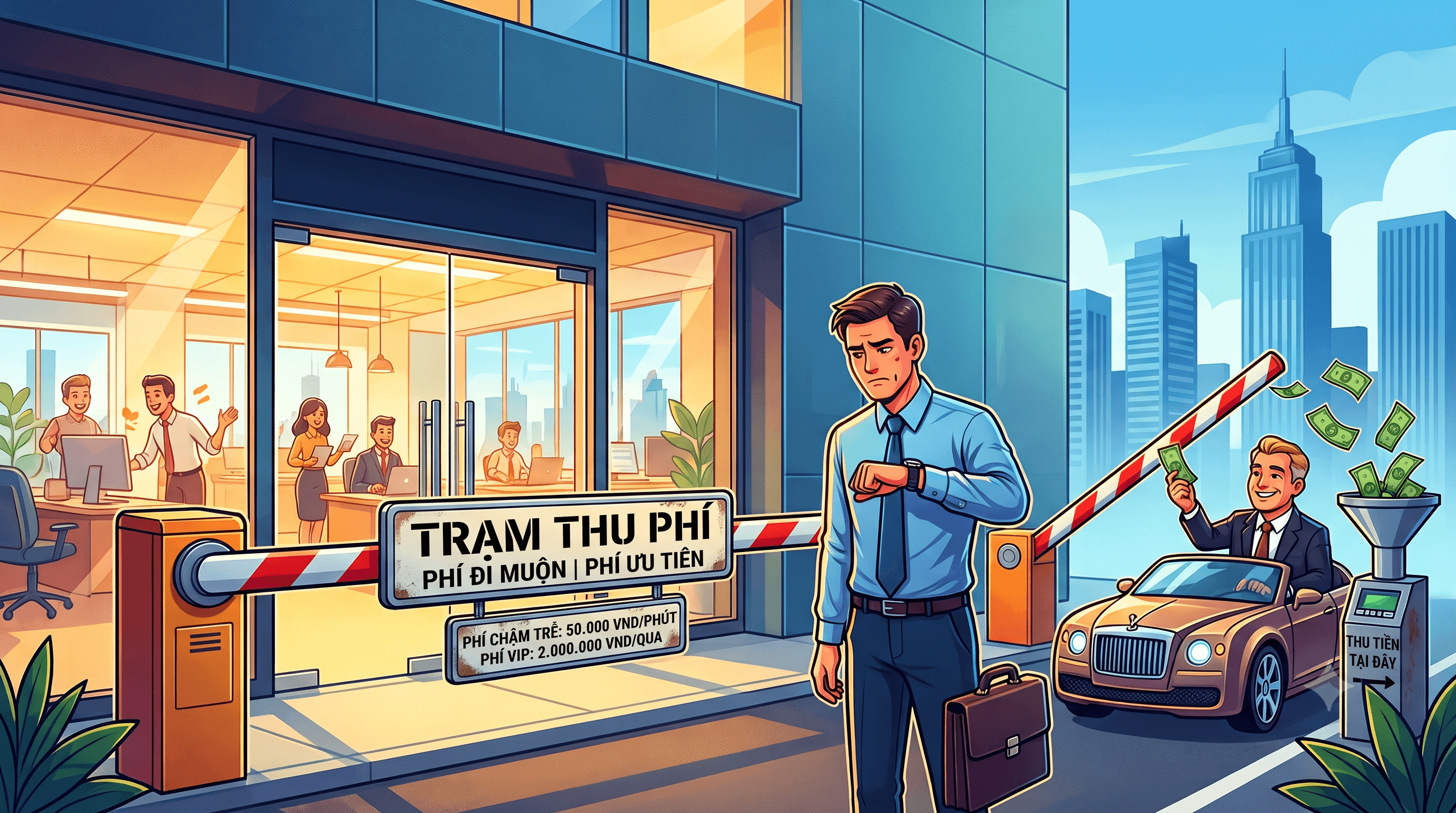 Tranh minh họa trạm thu phí trước cửa văn phòng với biển "TRẠM THU PHÍ". Một nhân viên đang lo lắng nhìn đồng hồ, trong khi một người đàn ông lái xe hơi sang trọng ung dung ném tiền vào phễu thu phí để qua thanh chắn. Bên trong là cảnh các nhân viên đang làm việc.