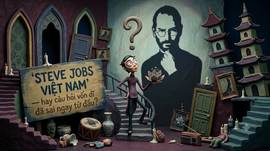 Minh họa claymation phong cách gothic Tim Burton pha trộn kiến trúc Việt Nam, nhân vật đứng trước bóng Steve Jobs với dấu chấm hỏi
